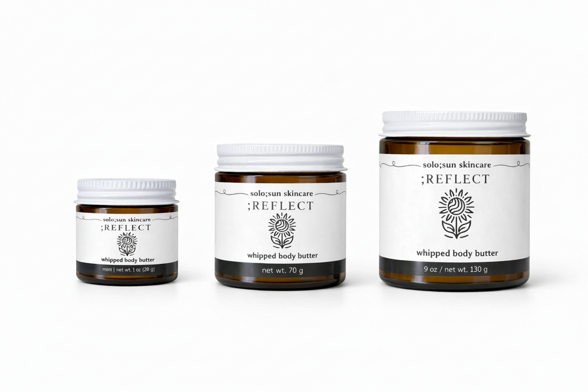Comparison of solo;sun ;REFLECT whipped body butter sizes including 1 oz mini, 4 oz standard, and 9 oz jumbo jars.
