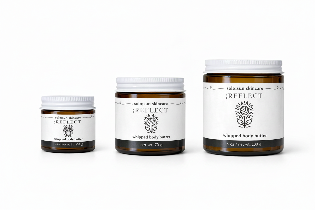 Comparison of solo;sun ;REFLECT whipped body butter sizes including 1 oz mini, 4 oz standard, and 9 oz jumbo jars.